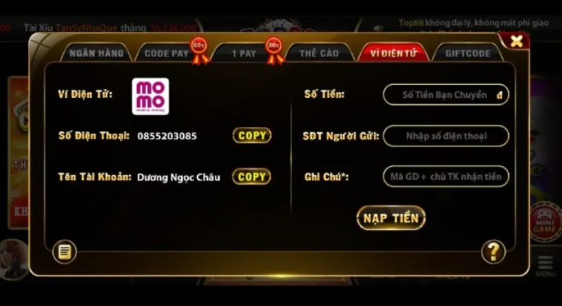 Cách nạp tiền Top88 qua ví điện tử Momo 